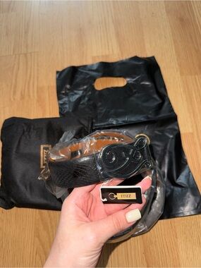 Miz Black Embossed Leather Belt with Decorative Buckle